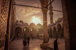 istanbul, turkey, mosque courtyard, islamic architecture, ottoman architecture, nature, suleymaniye mosque, sunset, courtyard, arches, people, travel, culture, religion, heritage, historical building, tourism
